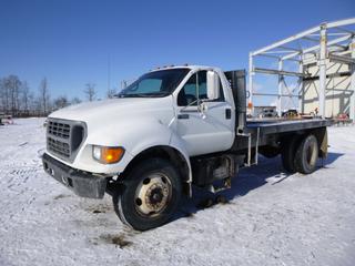 2000 Ford F-650 XL Super Duty Deck Truck c/w Cummins/1SB210 Diesel, A/T, A/C, Showing 305,999 Kms, Headache Rack, 14 Ft Deck, GVWR 26,000 Lb, 192 In. W/B, 10R22.5 Tires at 20%, Rears at 50%, Front Axle Rating 8,500 Lb, Rear Axle Rating 17,500 Lb, VIN 3FDNF6583YMA24299 *Note: Odometer Not Working, ABS Light On*