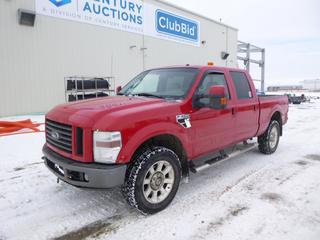 2008 Ford F-350 Super Duty 4X4 Crew Cab Pick Up c/w Power Stroke V8 Turbo Diesel, A/T, A/C, Fully Loaded, Leather, Power Sunroof, Manual Hub, Showing 352,888 Kms, 275/65R20 Tires at 30%, Rears at 20%, 6 Ft. Box, Beacons, Back Up Alarm, VIN 1FTWW31R78EB84083 *Note: Check Engine Light, ABS Light On*