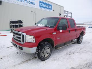 2006 Ford F-350 Lariat Super Duty 4X4 Crew Cab Pick Up c/w Power Stroke V8 Turbo Diesel, A/T, A/C, Fully Loaded, Leather, Power Sunroof, Manual Hub, Showing 326,606 Kms, 265/70R17 Tires at 30%, 6 Ft. Box, VIN 1FTWW31P76EA84643 *Note: Check Engine Light On, No Muffler/Exhaust, Missing Fuse Panel Cover In Cab*