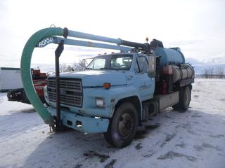 1996 Ford F Series Hydro Vac c/w Diesel, 6 Speed, Leather, Showing 135,522 Miles, 1,918 Hours, GVWR 26,000 Lb, 180 In. W/B, Blower, PTO, Beacons, Storage Cabinet, 275/80R22.5 Front Tires at 20%, 11R22.5 Rears at 20%, Front Axle Rating 8,500 Lb, Rear Axle Rating 17,500 Lb, Vactor 2103-16 Pump System, Manual End Gate, Landa Cleaning System w/ Beckett Heater Model ADC, 1,315.5 Hours, 2 Water Tanks, 6 In. Vac Line w/ 4 In. Reducer, Siemans Remote Control, CVIP 02/2022, VIN 1FDWF80C6TVA18636