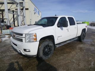 2013 Chevrolet Silverado 2500 HD LTZ 4X4 Crew Cab c/w Duramax 6.6L V8 Diesel, Allison Transmission, Showing 318,160 Kms, 8,487 Hours, A/C, Fully Loaded, Leather, Power Sunroof, GVWR 10,000 Lb, 6 Ft. 5 In. Box, Spray In Box Liner, 265/70R18 Tires at 70%, VIN 1GC1KYE87DF168376 *Note: Service Stabilitrak Light On, Coolant Level Low Light On, Service Traction Control Light On*