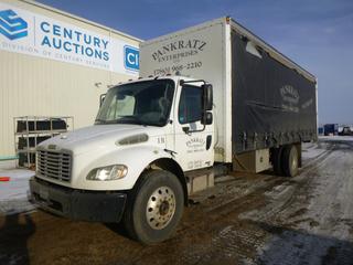 2006 Freightliner Business Class M2 Van Truck c/w CAT C7 Acert Diesel, 6 Speed, Showing 337,896 Kms, A/C, Leather, Storage Cabinet, GVWR 26,000 Lb, 256 In. W/B, 11R22.5 Tires at 70%, Dually, Front Axle Rating 10,000 Lb, Rear Axle Rating 19,000 Lb, Curtain Sides, 25 Ft. Van Body, CVIP 03/2022, VIN 1FVACWDC56HX01618 *Note: Damage to Curtain*