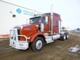 2009 Kenworth T800 Tractor c/w Cummins/ISX Diesel, 18 Speed Eaton Fuller, Pro Heat, Showing 163,206 Kms, 26,465 Hours, GVWR 26,853 KG, 240 In. W/B, Aluminum Bumper w/ Grill, Beacons, Headache Rack, Storage Cabinet, 67 In. Sleeper, 11R24.5 Front Tires at 40%, Rears at 50%, Front Axle Rating 13,200 Lb, Rear Axle Rating 46,000 Lb, VIN 1XKDD40X99R939879 *Note: Odometer Might Have Rolled Over, New Transmission Installed Oct. 2018, Engine Rebuild at 1,503,410 Kms in Aug. 2017, Transmission and Housing Work Nov. 2020, Clutch, Assembly, Shaft Work Dec. 2020, See Work Orders In Documents Tab*