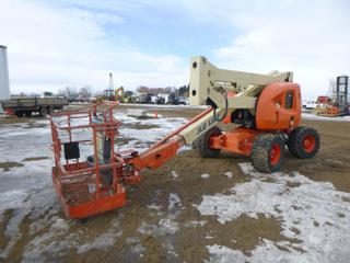 1999 JLG 450A Articulating Boom Lift c/w Ford/LRG-4251-6007-B, Gas/LPG, Showing 5,304 Hours, 33x15.50R16 at 40%, Knuckle Boom, 3 Section, 4 Ft. 11 In. Job, Platform Size 30 In. x 72 In., Platform Max Height 45 Ft., Max Horizontal Reach 23 Ft., SN 097361030044519 *Note: Runs, Starts With Screwdriver, Power To Basket, Damage To Body* (East Fence)