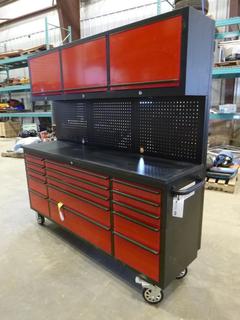 Unused 72 In. Red Powder Coated Tool Chest with 15 Drawers, 3 Cabinets and Pegboard, 72 In. W x 18 In. D x 73.6 In. H, 6 In.  Casters, Model HTC7218RC-R (Z1)