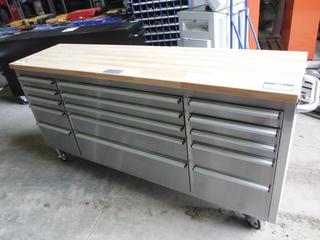 Unused 72 In. Stainless Steel 15 Drawer Tool Chest with Wood Top with Key, 72 In. W x 18 In. D x 37.4 In. H, Model HTC7215W