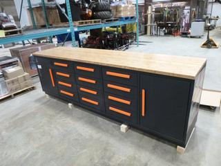 Unused TMG Industrial 10 Ft Work Bench Cabinet, Model 10WB, Bamboo Tabletop, 14 Drawers, 112 In. x 26 In. x 35 In. (Z6)