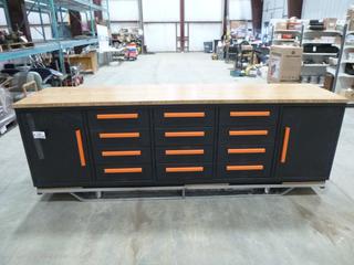 Unused TMG Industrial 10 Ft. Work Bench Cabinet, Bamboo Tabletop, 14 Drawers, 112 In. x 26 In. x 35 In. (Z6)