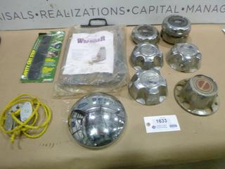 Assortment of Misc. Parts and Tools: Hub Caps, Wrangler Seat Cover and Safety Straps (D-2)