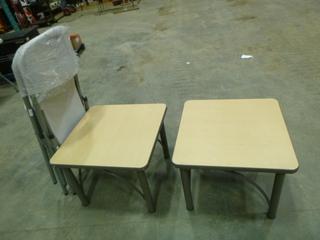 (2) Patio Style Tables, 2 Ft. Square, 18.5 In. High, (2) Metal Chairs w/ Plastic Seat and Backs (L-1-3)