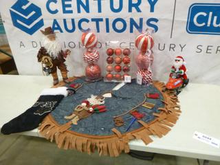 Qty of Assorted Christmas Décor: Tree Skirt, Animated Santa, Stocking, Ornaments (A1)