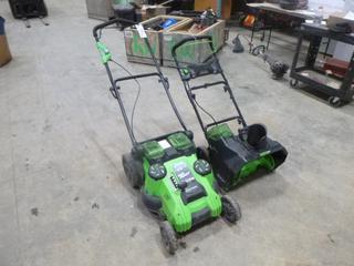 Greenworks 2 Blade Electric Lawnmower, Model Twin Force,  No Batteries, Running Condition Unknown, c/w Greenworks Pro 20 In. Cordless Snowblower, Model SNB402, No Battery, Running Condition Unknown (N-1-1)