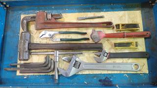 Qty Of Assorted Hand Tools Includes: 18in Pipe Wrench, 15in Adjustable Wrench, Mini Sledge Hammer, Allen Keys And Assorted Pliers