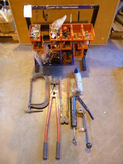 13-Bin Rack C/w Assortment Of Grease Guns, Banding Tools, C-Clamp And 30Deg Bolt Cutters *Note: Item Located At 6802 39ST LEDUC, For More Information Call Eugene @780-566-1831*