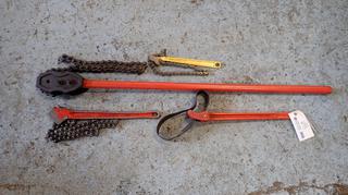 (1) Custom Made 8in Chain Wrench, (1) Ridgid C-18 2 1/2in Chain Wrench, (1) 2in Chain Wrench And (1) Ridgid No.5 Strap Wrench