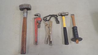 (1) Hammer, (1) Ball Peen Hammer, (1) Chain Vise, (1) Mini Sledge And (1) 12in Pipe Wrench