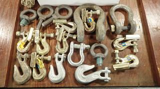 Qty Of Assorted Shackles, Lifting Eyes, Chain Hooks, Nylon Rope And Misc Supplies