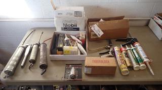 Qty of Grease And Oil Guns, (7) Mobil Unirex EP2 Multi Purpose Grease, Fast Cure Epoxy And Assorted Supplies