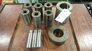 Qty Of (6) 5 1/4in X 2 3/4in Steady Rest Insert Holders C/w (1) 5 3/4in X 2 1/2in Bushing And (1) 5in X 6 1/4in Bar Holder w/ 3in Cylinder