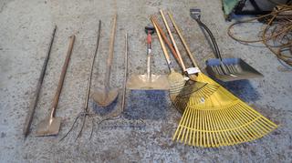 Qty Of Assorted Hand Tools Includes: Pry Bar, (3) Rakes, (3) Shovels, Scraper, Pitch Fork And Brooms