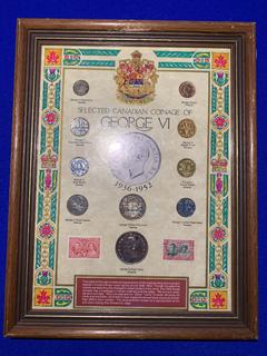 "Selected Canadian Coinage of George VI" Framed Coin & Stamp Collection.