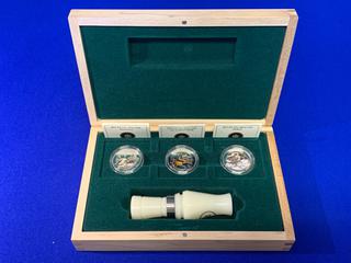 2013 Canada Ten Dollar .9999 Fine Silver Colour Printed Coin Collection, Includes (3) Coins, Duck Call, and Case.