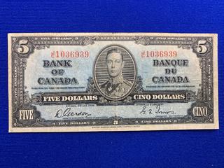 1937 Canada Five Dollar Bank Note S/N JC1036939.