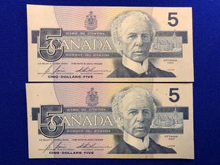 (2) Sequential 1986 Canada Five Dollar Bank Notes S/N GPU4885909 - GPU4885910.