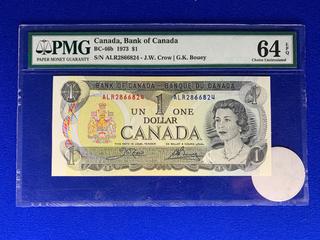 1973 Canada One Dollar Bank Note S/N ALR2866824 (PMG Grade 64 EPQ).