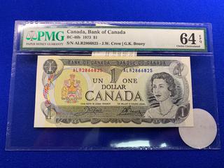 1973 Canada One Dollar Bank Note S/N ALR2866825 (PMG Grade 64 EPQ).