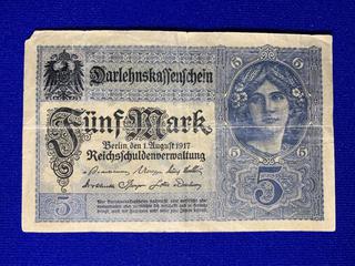 1917 Germany Five Mark Imperial Bank Note S/N L14161148.