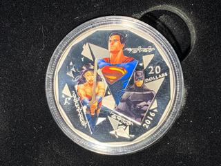 2016 Canada Twenty Dollar .9999 Fine Silver Colour Printed Coin "Batman Vs Superman: Dawn of Justice, The Trinity" c/w Display Case.