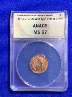 2008 Moonlight Mint Grabener Press Metal Copper Medallion (ANACS Rated MS 67).