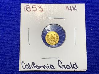 1853 Quarter Dollar 14K California Gold Coin.