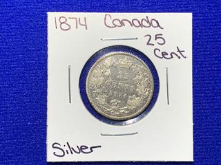 1874 Canada Twenty Five Cent Silver Coin.