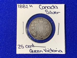 1882 H Canada Twenty Five Cent Silver Coin.