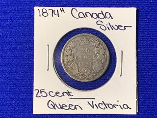 1874 H Canada Twenty Five Cent Silver Coin.