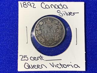 1892 Canada Twenty Five Cent Silver Coin.