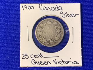 1900 Canada Twenty Five Cent Silver Coin.