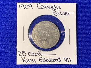 1909 Canada Twenty Five Cent Silver Coin.