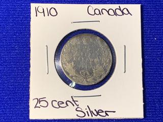 1910 Canada Twenty Five Cent Silver Coin.