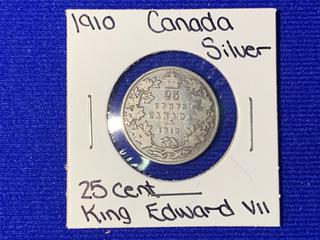 1910 Canada Twenty Five Cent Silver Coin.