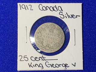 1912 Canada Twenty Five Cent Silver Coin.