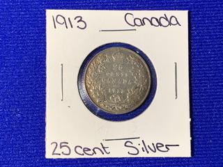 1913 Canada Twenty Five Cent Silver Coin.