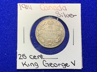 1914 Canada Twenty Five Cent Silver Coin.