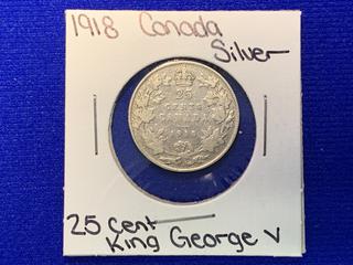 1918 Canada Twenty Five Cent Silver Coin.