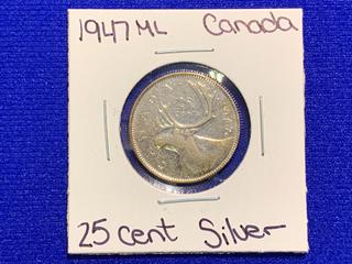 1947 ML Canada Twenty Five Cent Silver Coin.