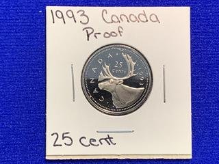 1993 Canada Twenty Five Cent Silver Proof Coin.