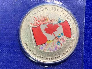 2017 Canada Five Dollar .9999 Fine Silver Colour Printed Coin "Canada 150th Anniversary".