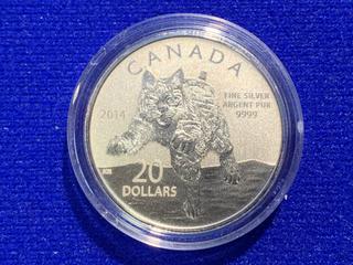 2014 Canada Twenty Dollar .9999 Fine Silver Coin "Bobcat".